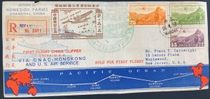 1937 Shanghai China First Flight Airmail Cover to USA CNAC PAA Chinese Clipper