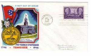 US 941 (Me-1) 3c Tennessee Statehood FDC Fluegel Multi-Color Cachet ECV $50.00