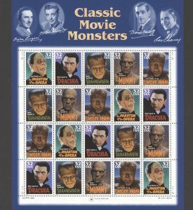 1997 US Scott #3168-3172 32 cent Movie Monsters full Sheet of 20, Mint NH