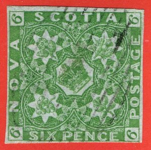 [mag572] Nova Scotia 1851 SG 5 6d Yellow Green VF used 4 margins cv:£550/$700