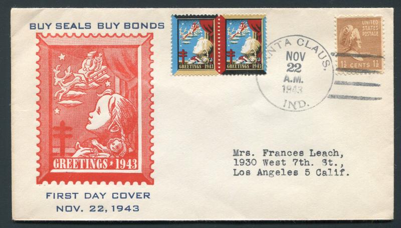 1943 Santa Claus, Indiana - Christmas Seals FDC to Los Angeles, CA