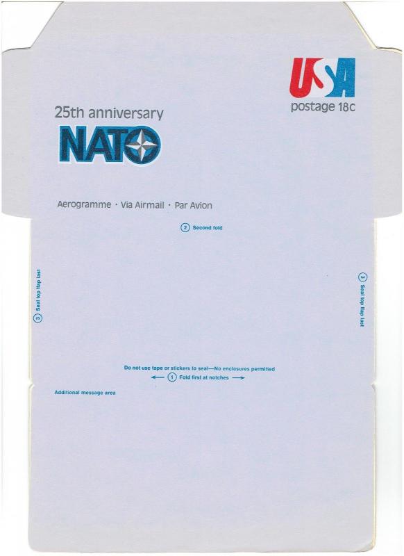 2 STAMPED ENVELOPES & AIR LETTER SHEETS FOR FOREIGN USE,15 & 18 CENT NATO ANNIV