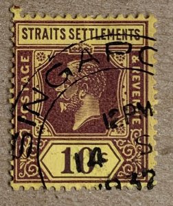 Straits Settlements 1927 KGV 10c pale yellow, used. Scott 191, CV $0.35. SG 231a