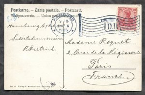 d457 - GERMANY 1906 Hamburg D.R. FLAG Cancel on Postcard to France