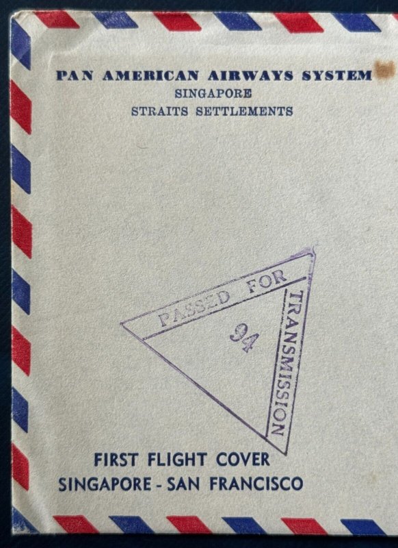 Malaya 1941 Pan American Singapore to SanFrancisco FirstFlight Cover WWII Censor