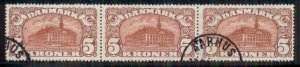 DENMARK #135 (121) 5kr GPO, used strip of 3 XF, Scott $525.00+