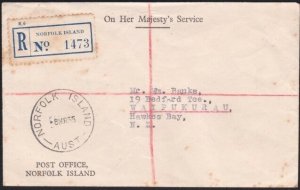 NORFOLK IS 1955 Registered OHMS cover to New Zealand.......................B2876