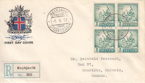 Iceland 1959 FDC Sc #317 2k Jon Thorkelsson Block of 4 Registered RPO