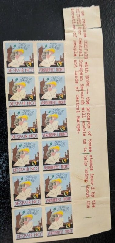 Despair Not Verzweifelt Nicht Central Europe Research Charity Stamps Block of 12