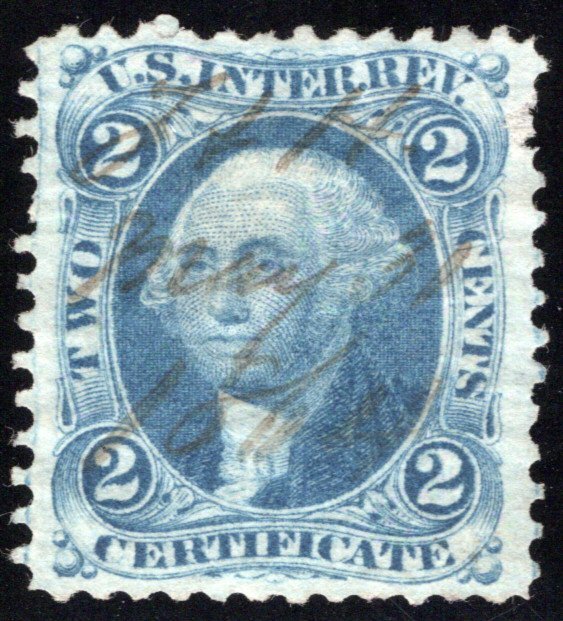R7c - 2c - Certificate Revenue Stamp - Blue - perf - used - ms cancel - XF - pul