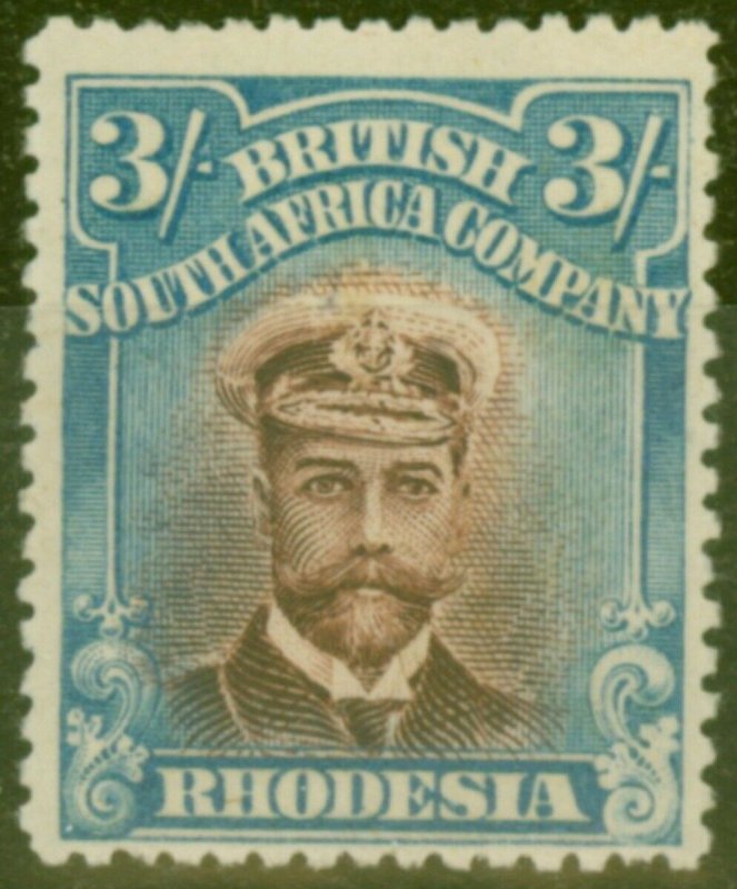 Rhodesia 1913 3s Chocolate & Blue SG250 P.15 Fine Lightly Mtd Mint