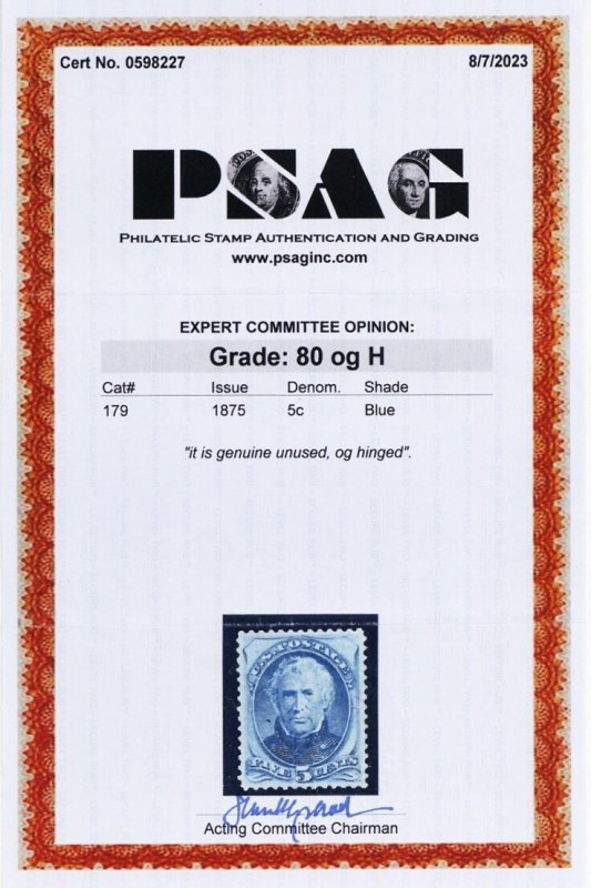 179, Mint VF/XF LH 5¢ - With PSAG Graded Certificate - Stuart Katz