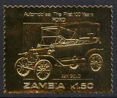 Zambia 1987 Classic Cars 1k50 Ford in 22k gold foil unmou...