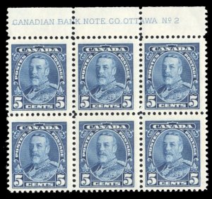 Canada #221 Cat$50, 1935 5c blue, plate block of six, hinged in margin