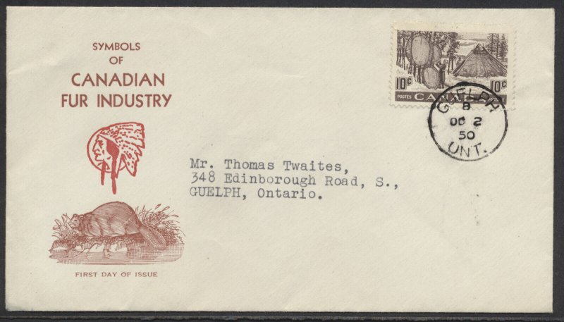 1950 #301 10c Fur Resources FDC Sharpe Cachet Guelph ONT CDS