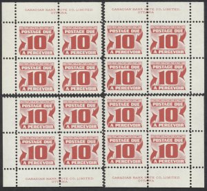 Canada #J28-J36iii 2nd Issue Red Dues 8 Matched Sets Plate Blocks VF NH