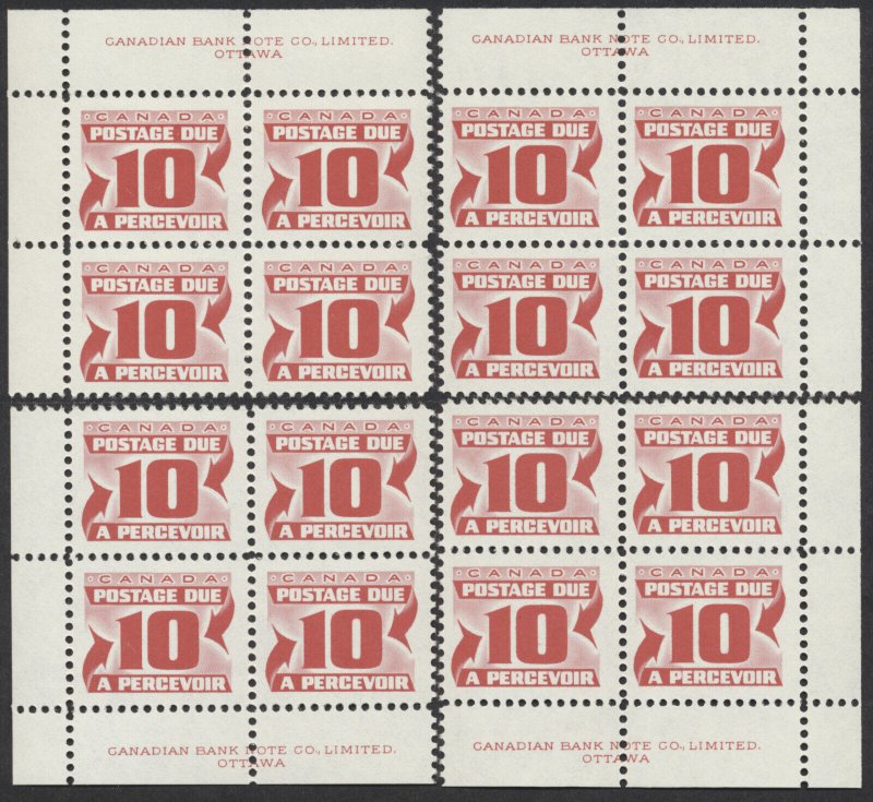 Canada #J28-J36iii 2nd Issue Red Dues 8 Matched Sets Plate Blocks VF NH