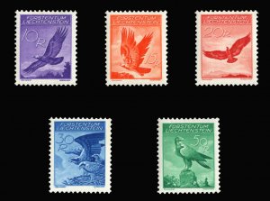 Liechtenstein #C9-13 Cat$151, 1934-35 Golden Eagle, set of five, hinged