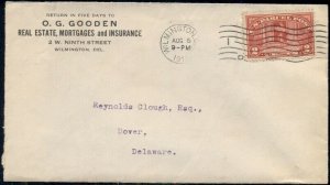 1913, 2¢ PARCEL POST USED AS LETTER POSTAGE TIED WILMINGTON DEL. VF