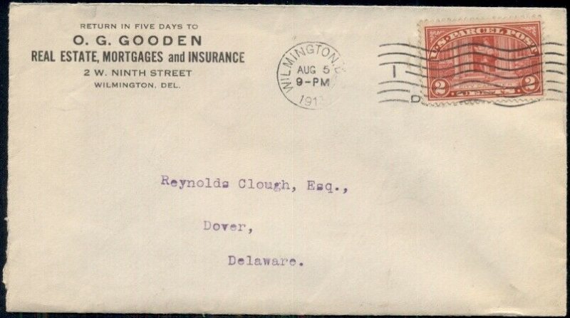 1913, 2¢ PARCEL POST USED AS LETTER POSTAGE TIED WILMINGTON DEL. VF