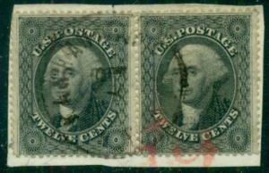 US #36 12¢ black used Pair tied by black & red cancels on small piece Scott $700