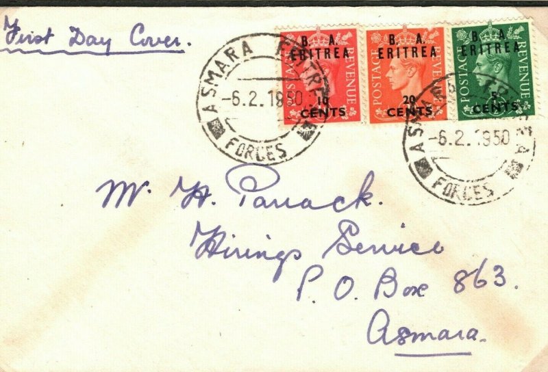 BOIC BA ERITREA FIRST DAY COVER Asmara Forces Unusual Cancel FDC 1950 EP180