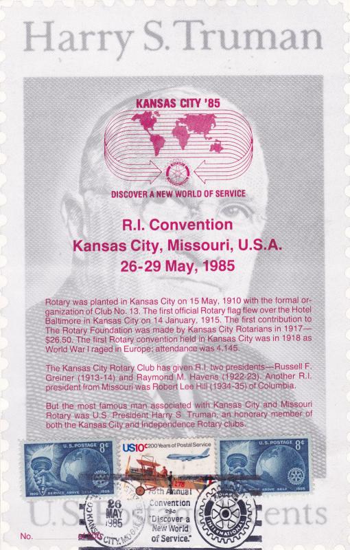 United States 1985 Rotary International 1985 Convention Harry S Trueman CoverVGC