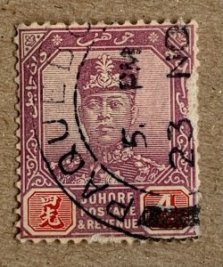 Malaya Johore 1921 4c violet with Singapore PAQUETBOAT cancel. Scott 106, SG 10