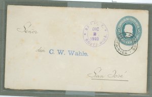 Costa Rica  1902 5c blue envelope; used from Paraiso to San Jose, scarce cancel.