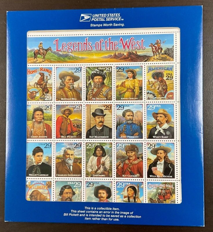 2870 Legends of the West Error sheet 29 c MNH Sheet of 20  FV $5.80   1994