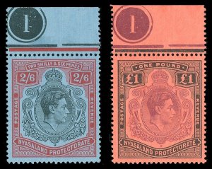 Nyasaland 1938 KGVI 2s6d & £1 matching Plate 1 examples both MNH. SG 140, 143.