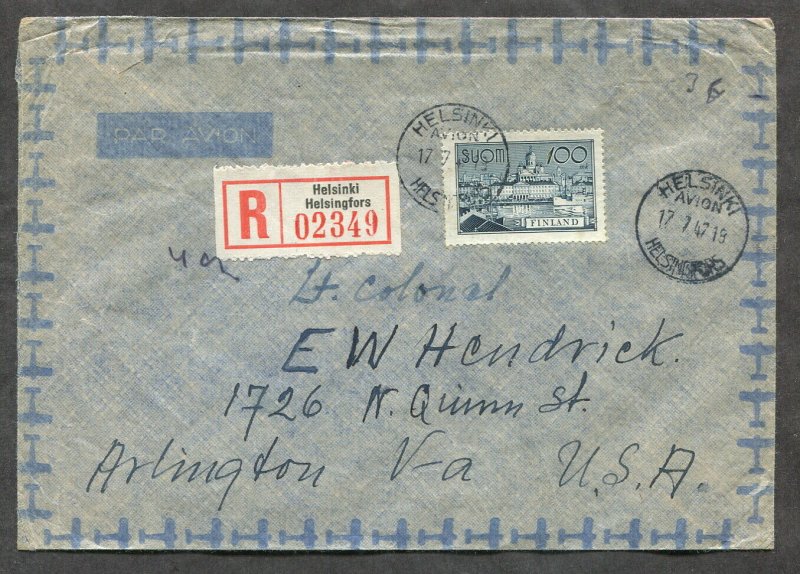 p14 - FINLAND 1947 Registered Cover to USA