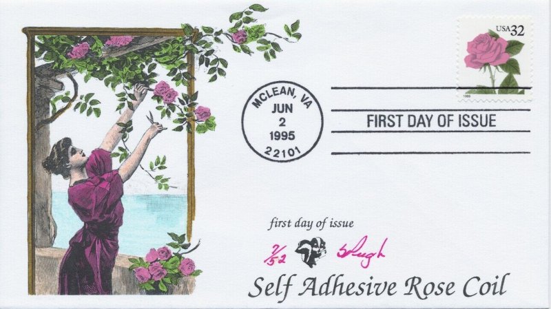 #2492 Pink Rose Hand Painted Pugh cachet First Day cover only 52 made 