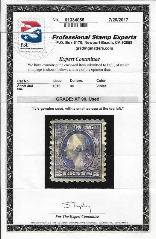 Scott #464 - XF Used - Incredible color. 2017 PSE cert XF-90.  Showpiece!