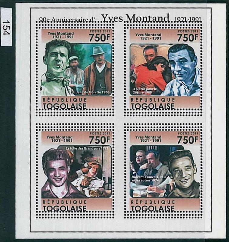 TOGO, ERROR, 2011 MISSPERF SHEET: 90 Anniv. of Yves Montand, Cinema, Art, France