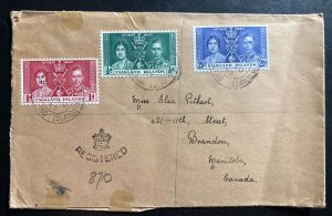 1937 Falkland Island Cover To Brandon Canada King George VI Coronation Stamps