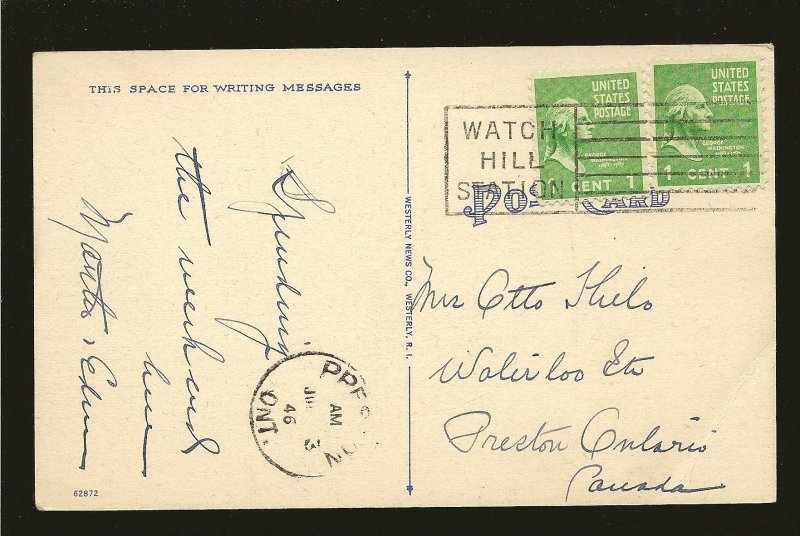 USA 804 Pair on Postmarked 1946 Watch Hill Station Linen Postcard Used