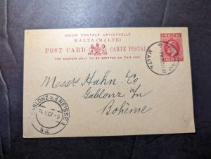 1907 British Malta Postcard Cover Valletta to Gablonz Boheme