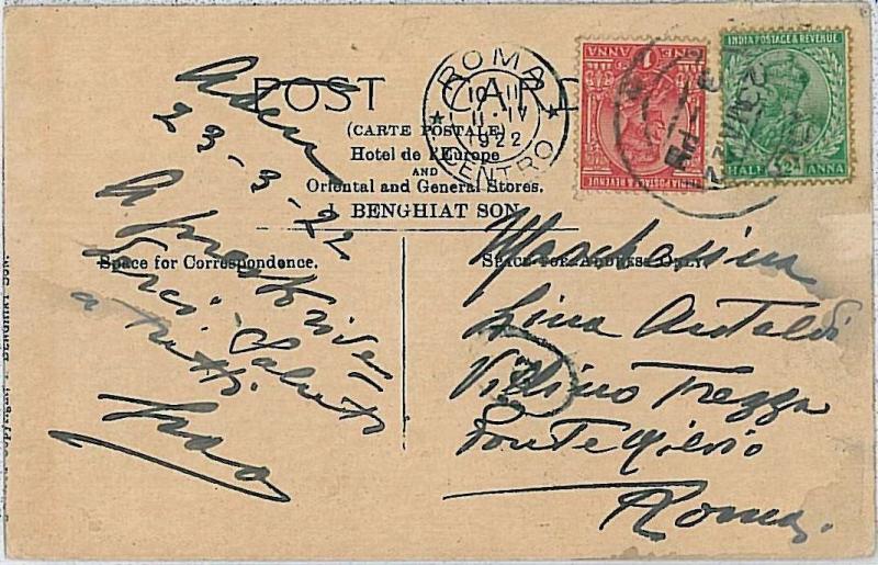 INDIA \ ADEN - POSTAL HISTORY-  POSTCARD to ITALY 1922