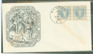 US 796 (1937) Virginia Dare Commemorative, pair of two on an unaddressed First Day Cover with an historic arts cacheet (small be