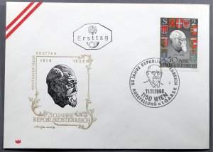 Austria #820 First Day Cover Repub Austria 50th Anniv Pres Karl Renner