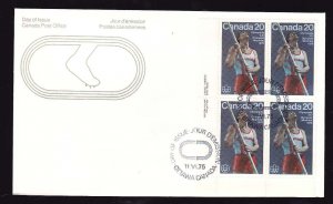 Canada-Sc#664-stamps on FDC-LL plate block-Sports-Montreal Olympics-Pole Vault-1