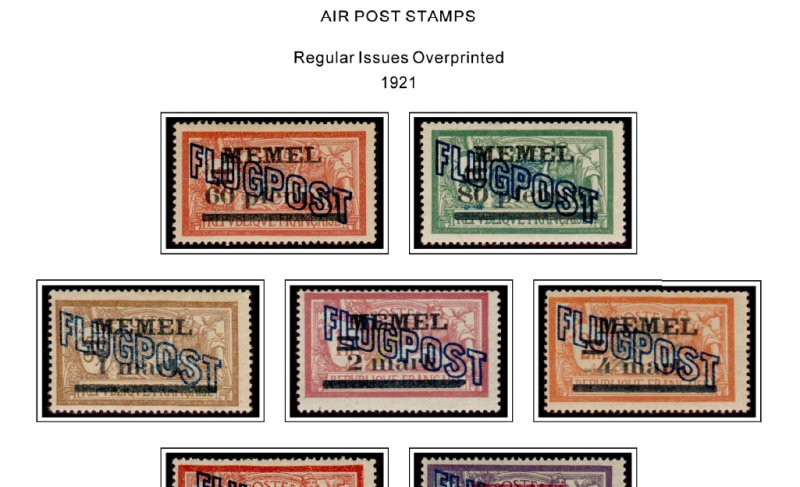 COLOR PRINTED MEMEL 1920-1923 STAMP ALBUM PAGES (14 illustrated pages)