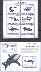 Comoro Islands 2009 Marine Life Fishes Sharks Sheet + S/S MNH