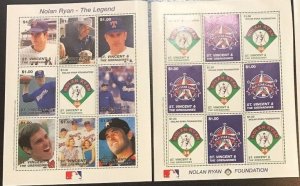 St. Vincent 1995 - Nolan Ryan Baseball - Set 2 Sheets of 9 Stamps - MNH