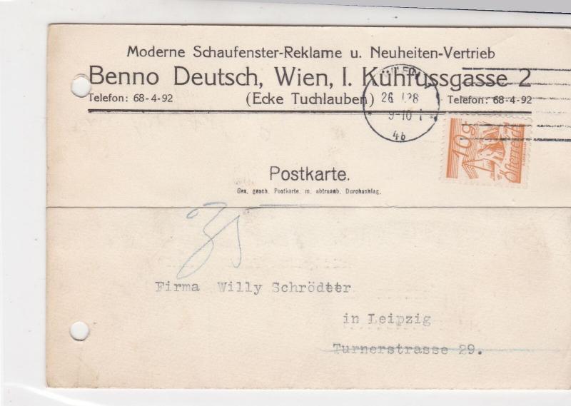 Austria 1928 Wien Cancel Benno Deutsch Wien I.Kuhfussgasse 2 Stamps Card R 19425
