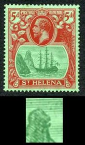 St Helena SG103c KGV 5d Green and Deep Carmine/Green with Cleft Rock Flaw U/M 