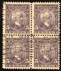 Canada Scott 144 Block of 4  Used 1927 Laurier 5 cents OCU005