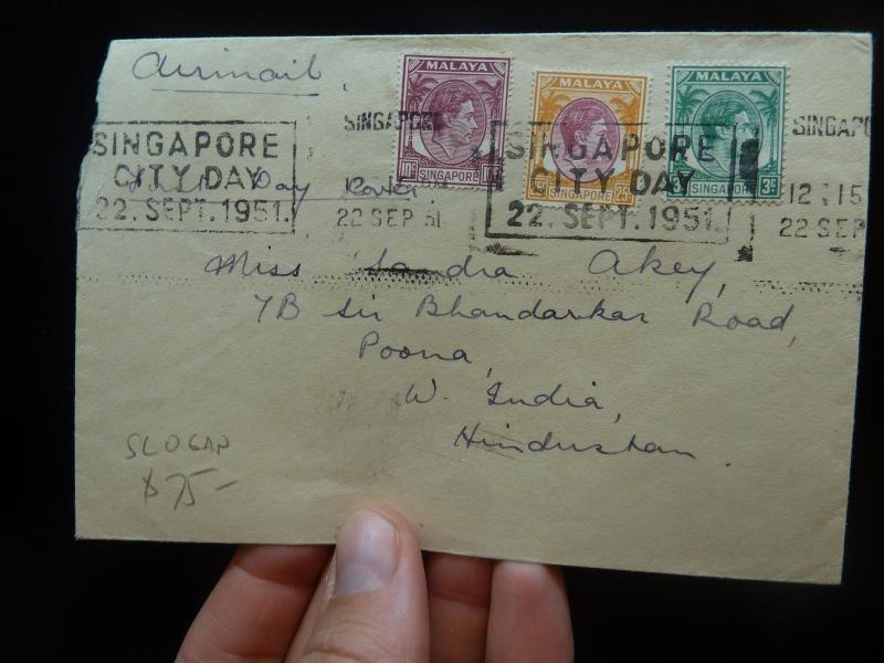 Singapore KGVI 3 color cover to Poona India, Slogan Cancel (16bek)