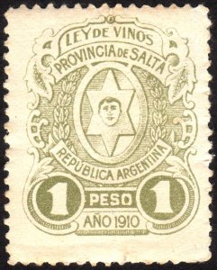 1910, Argentina Salta, 1P, Revenue stamp (Wine Tax), MNH crease